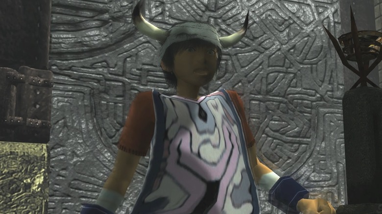 Closeup of Ico's character model in a cutscene in Ico. Note the horns on his head