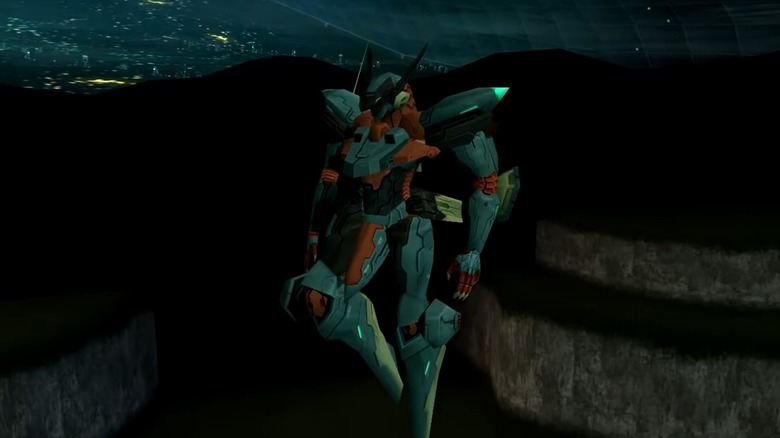 Jehuty floating in the air in Zone of the Enders
