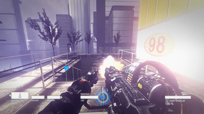 The player brandishing a minigun in Syndicate