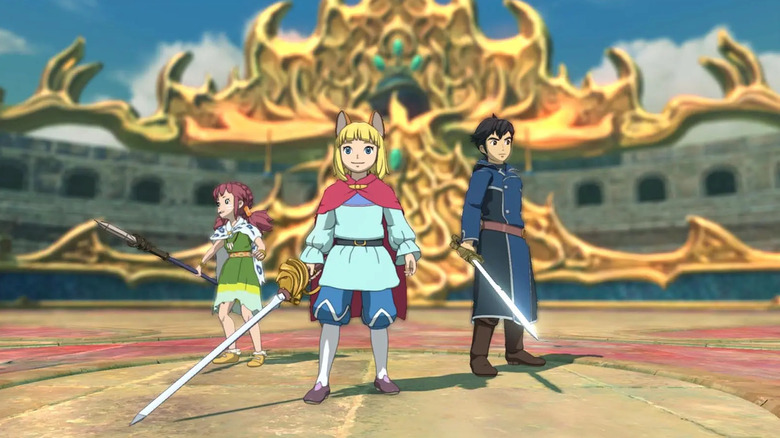 Evan and his friends draw their swords in Ni no Kuni II: Revenant Kingdom