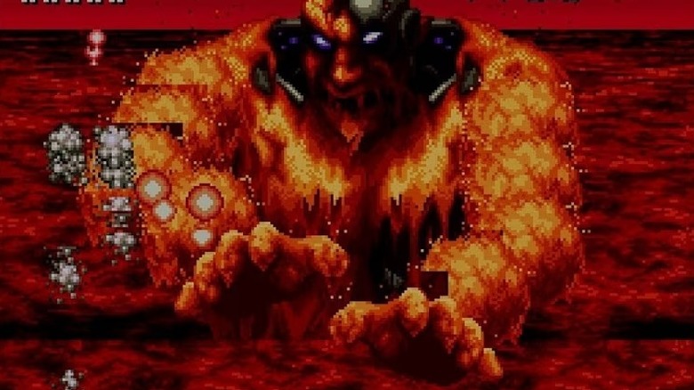A monster rises out of lava in Axelay