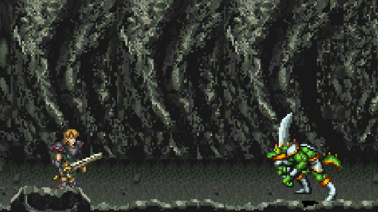 A sword-wielding hero confronts an armored lizard in Dragon View