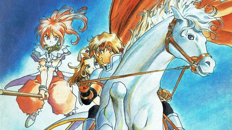 Cress Albane looks back at Mint Adenade and Arche Klein as he rides a horse and Arche rides a broomstick on the cover art for Tales of Phantasia