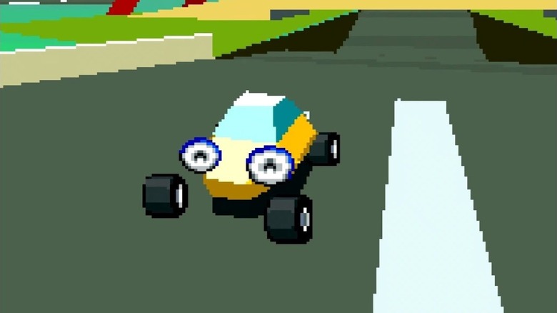 A buggy with eyes drives down a road in Stunt Race FX