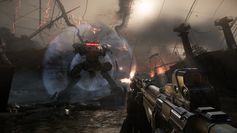 The player character faces a shielded bipedal robot in Crysis 3