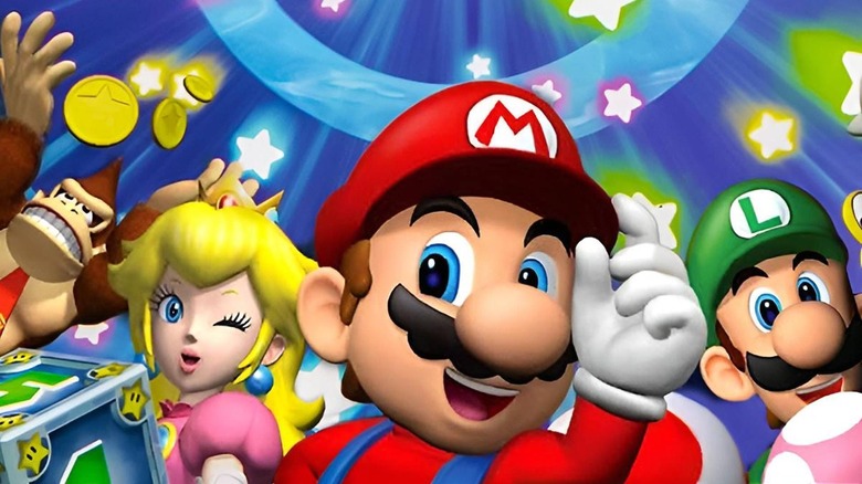 Mario tips his hat in front of Donkey Kong, Peach, and Luigi on the cover art for Mario Party 4