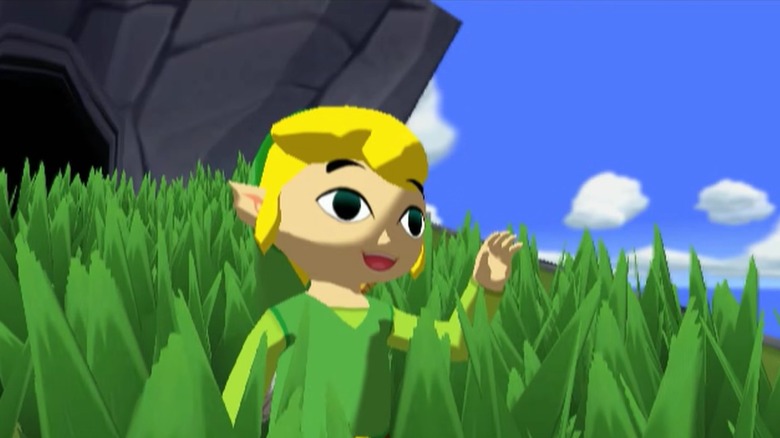 Link standing in the grass and waving at his sister in The Legend of Zelda: The Wind Waker