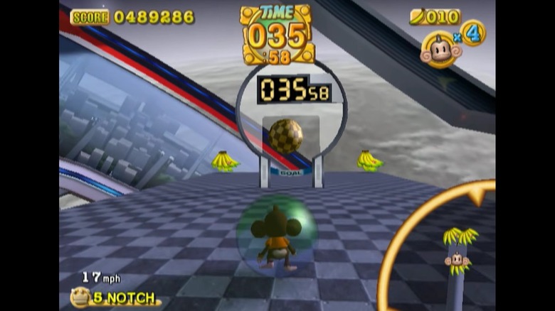 AiAi about to complete a level in Super Monkey Ball 2 on GameCube. Note the time limit and bananas.