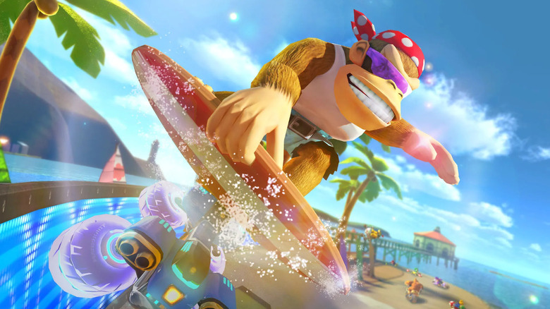 Funky Kong rides a surfboard-mounted kart in Mario Kart 8 Deluxe