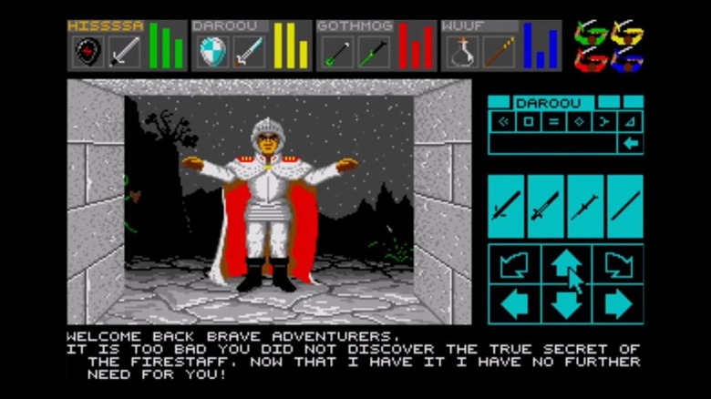 Theron leaves the Dungeon taunting the player in "Dungeon Master" (1987)