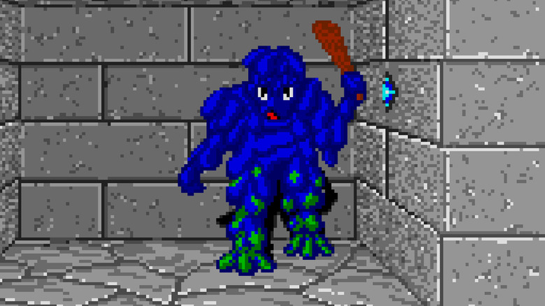 A blue slime monster armed with a club advances in a stone hallway in "Dungeon Master" (1987)