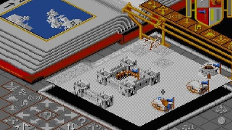 A castle is built by a large storybook in "Populous" (1989)