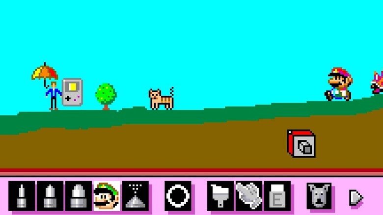 Mario next to a cat and a GameBoy in Mario Paint