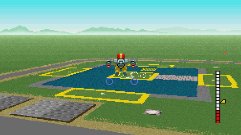 A pilot wearing a jetpack approaches an airfield in Pilotwings