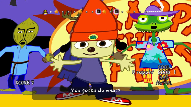 PaRappa raps in front of his teachers in PaRappa the Rapper