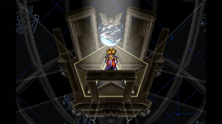 Ark stands in the middle of a set of stone arches under a glowing orb in Terranigma