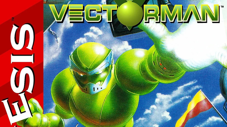 Vectorman fires an energy blast on the cover art for Vectorman