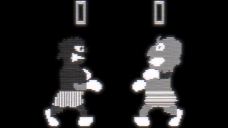 Two boxers face each other over a black background in Heavyweight Champ