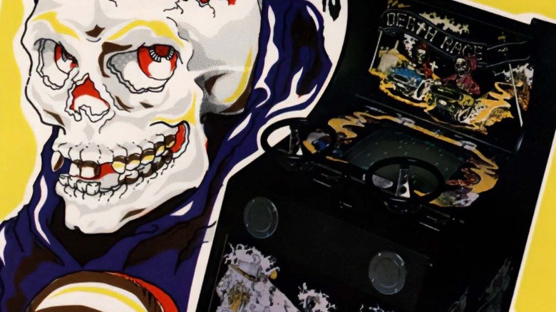 A skeleton grins next to an arcade cabinet on a flyer for Death Race