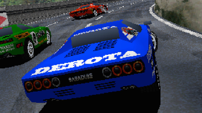 A blue car racer takes a corner in Rave Racer