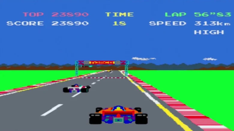A red car races towards the finish line in Pole Position