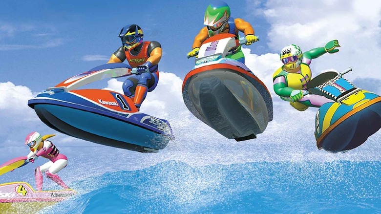 Four jet skis fly over a cresting wave on the cover art for Wave Race 64