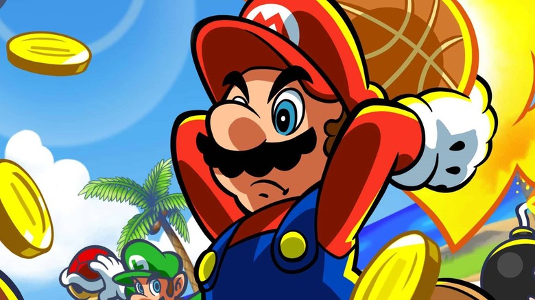 Mario moves to dunk a basketball on the cover art for Mario Hoops 3-on-3