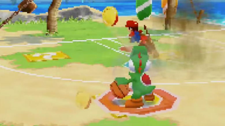 Yoshi approaches the free throw line with a basketball in Mario Hoops 3-on-3