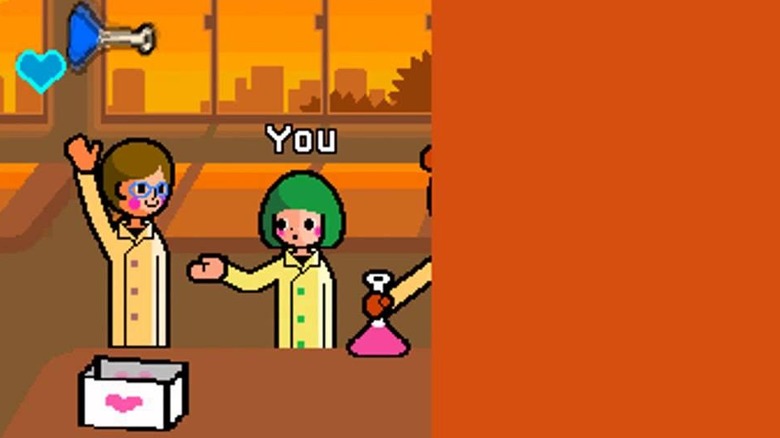 A scientist throws up a blue flask in Rhythm Heaven
