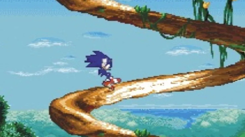 Sonic slides on a winding tree branch in Sonic Rush