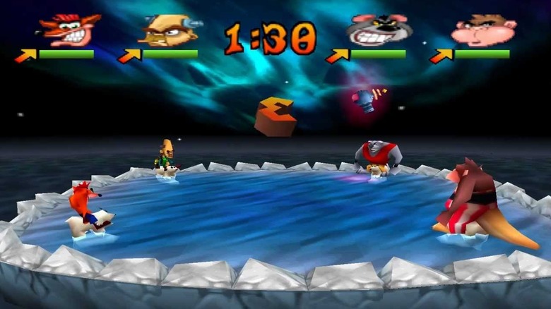 Crash prepares to ride a polar bear at four other characters on top of an icy mountain in Crash Bash
