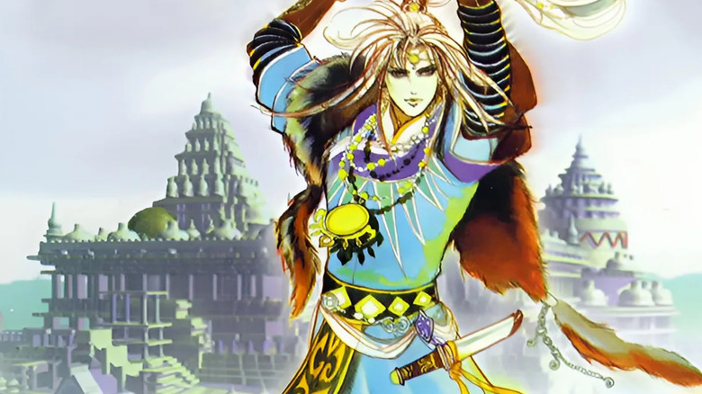 Blue raises a sword on the cover art for SaGa Frontier
