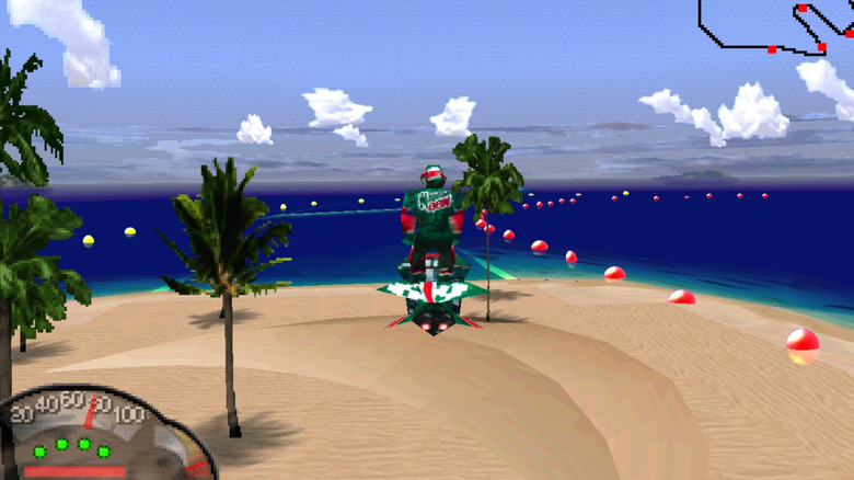 A rider on a hovercraft descends on a tropical island in Jet Moto