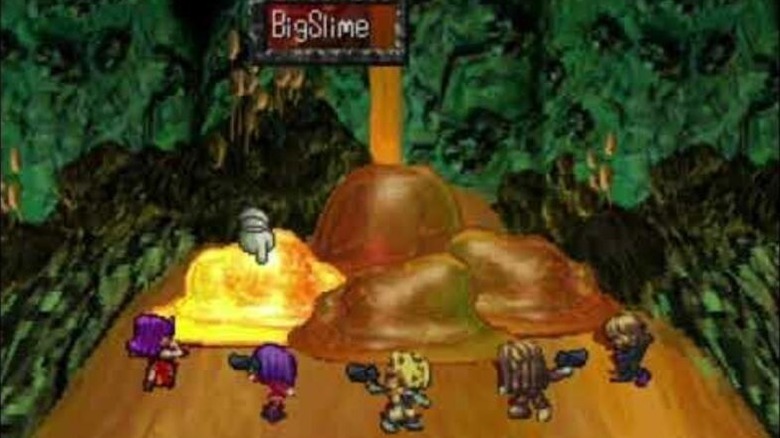 Blue leads a party to attack a big slime in SaGa Frontier