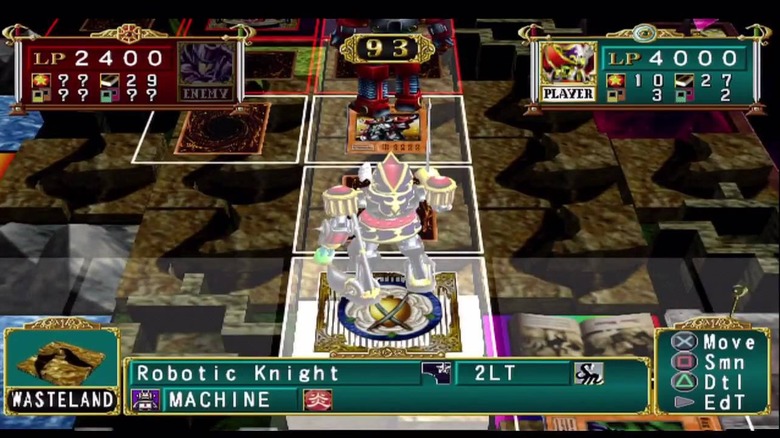 A robotic knight marches across a grid map in "Yu-Gi-Oh! The Duelists of the Roses" (2001)