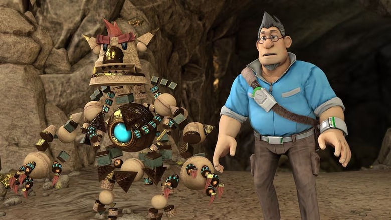Knack and Vargas emerge from a cave in Knack