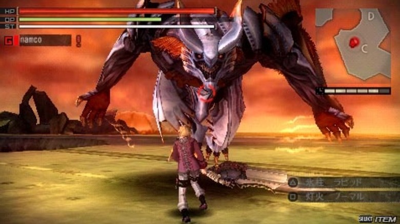The player character confronts an Aragami in God Eater Burst
