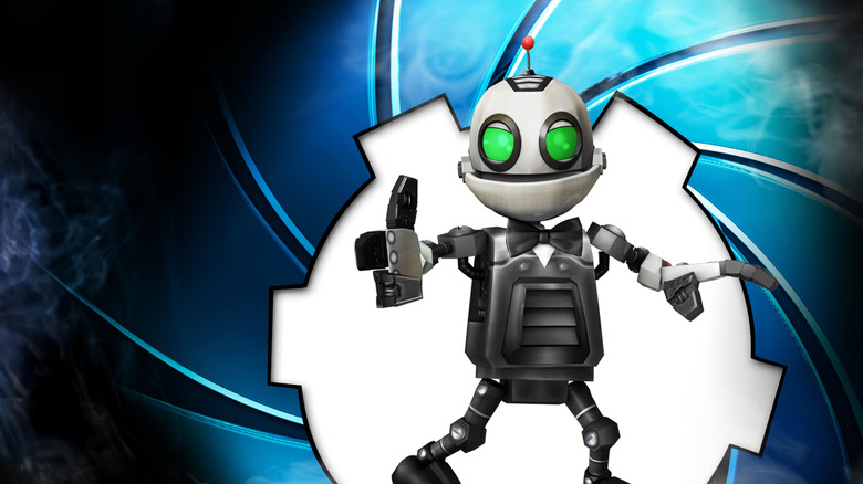 Clank stands in a James Bond-style gear frame on the cover art for Secret Agent Clank