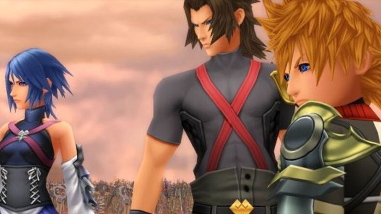 Terra, Aqua, and Ventus stand looking determined in Kingdom Hearts Birth by Sleep