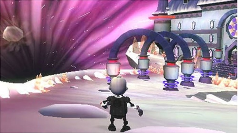 Clank walks towards a large castle in Secret Agent Clank