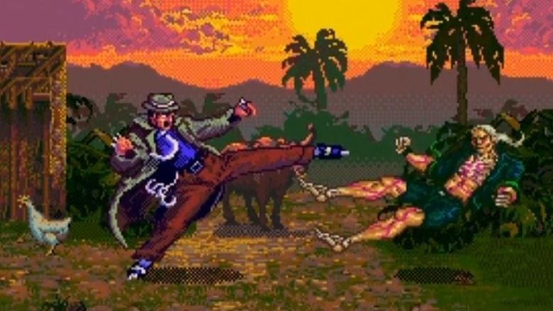 Larcen kicks Midknight in at tropical village in Eternal Champions