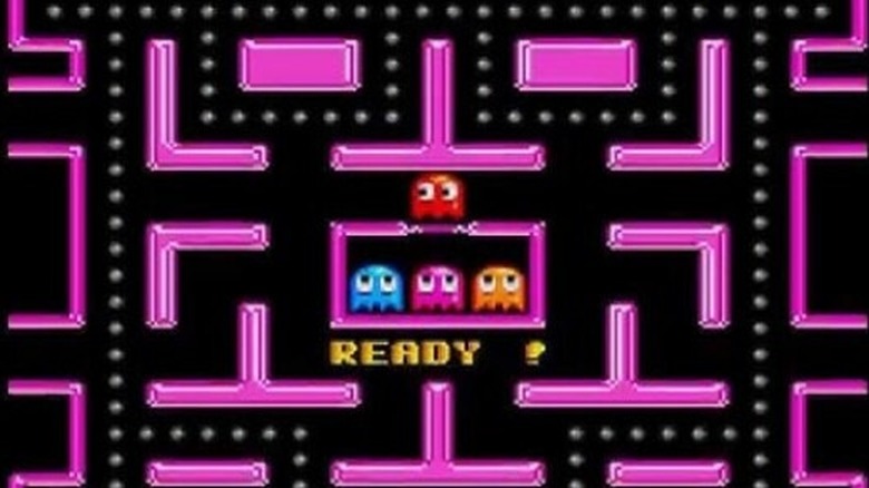 The ghosts prepare to leave their cell in Ms. Pac-Man (1991)