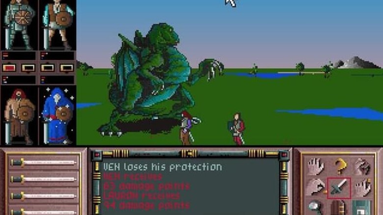 Two adventurers battle a dragon in Drakkhen