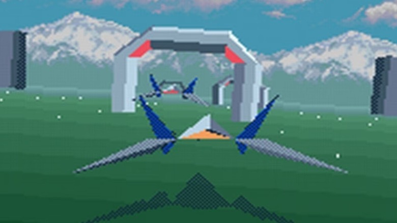 Two Arwings move towards an arch in Star Fox