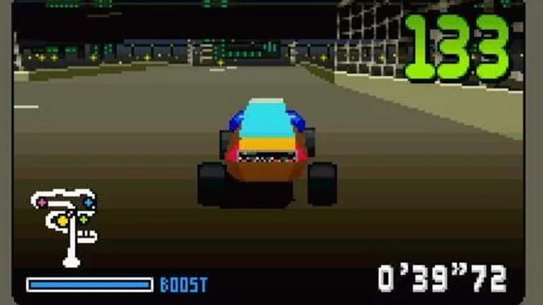 A crudely rendered 3D vehicle moves on a track in Stunt Race FX