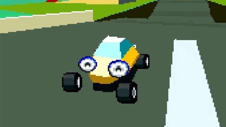 A yellow car with eyes drives down a road in Stunt Race FX