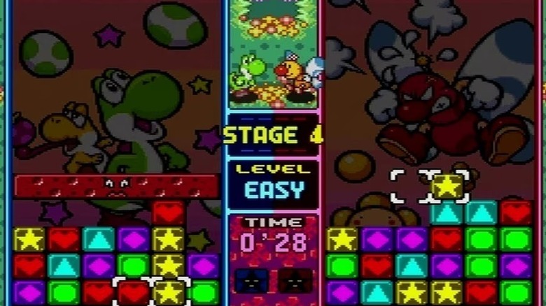 A two player game of Tetris Attack in process