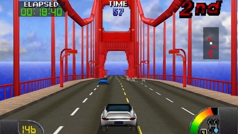 A silver car crossing the Golden Gate Bridge in the Nintendo 64 version of Cruis'n USA