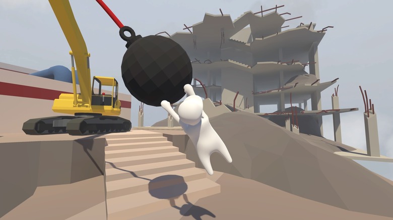 Bob holds onto a wrecking ball in Human: Fall Flat