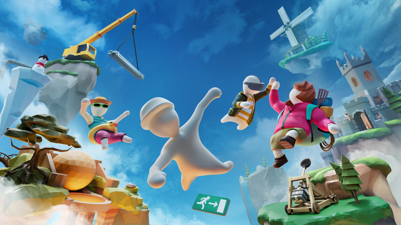 Several characters falling from the sky on the cover art for Human: Fall Flat